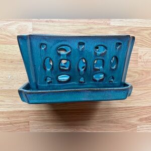 Teal Ceramic Planter with Tray